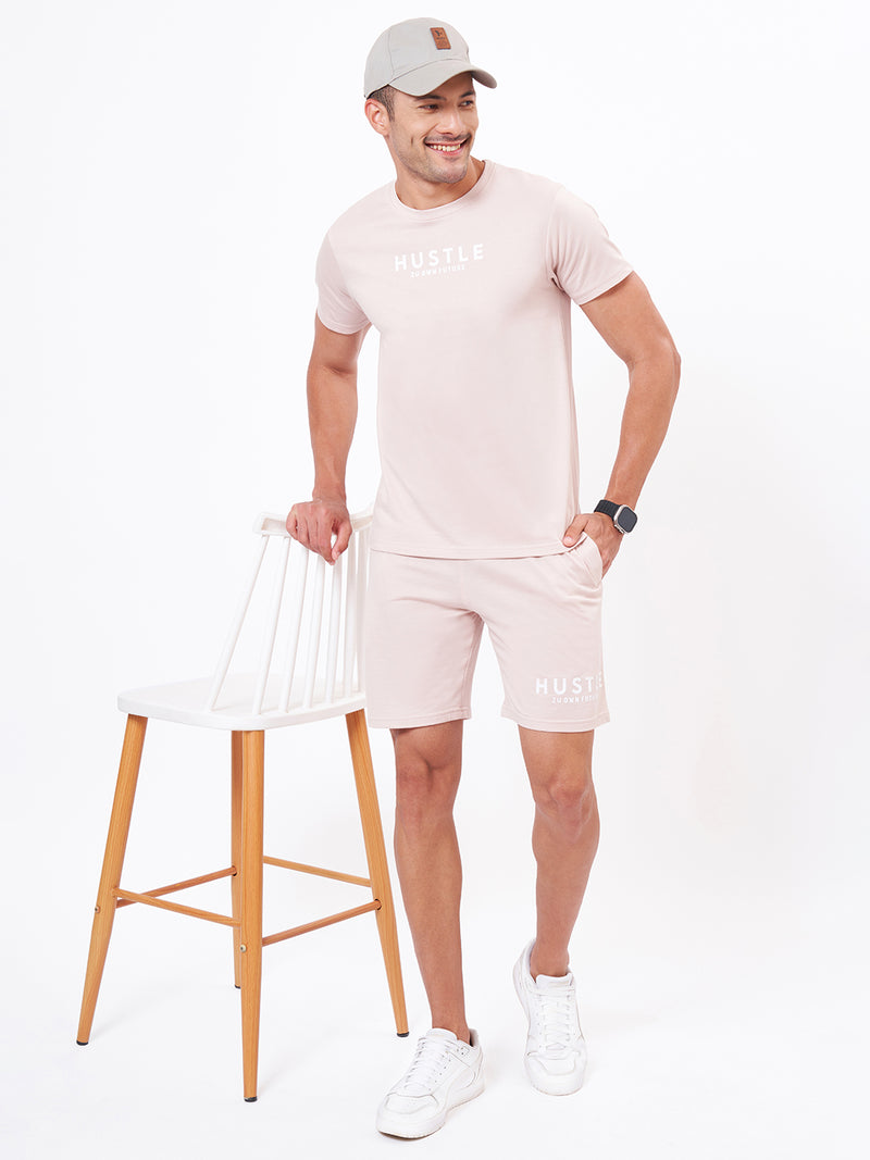Beige Round Neck T-shirt And Shorts Co-Ord Set