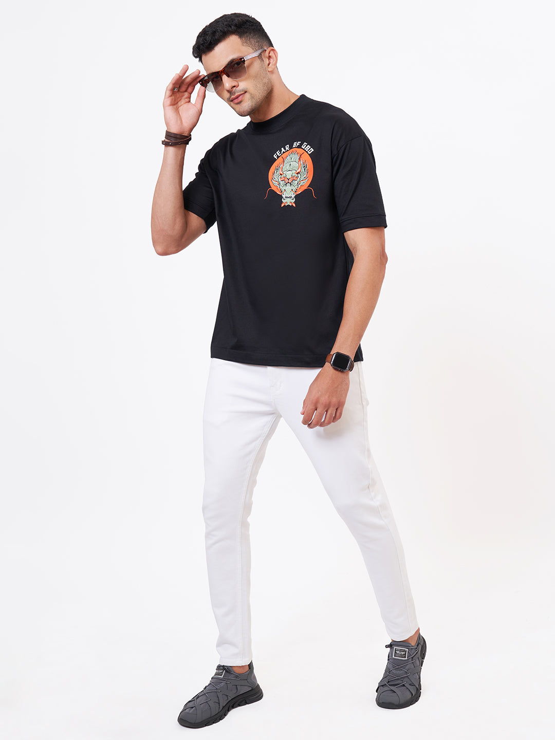 Black Oversized T shirt and White Jeans