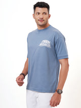 Steel Blue Printed Half Sleeve Oversized T-Shirt