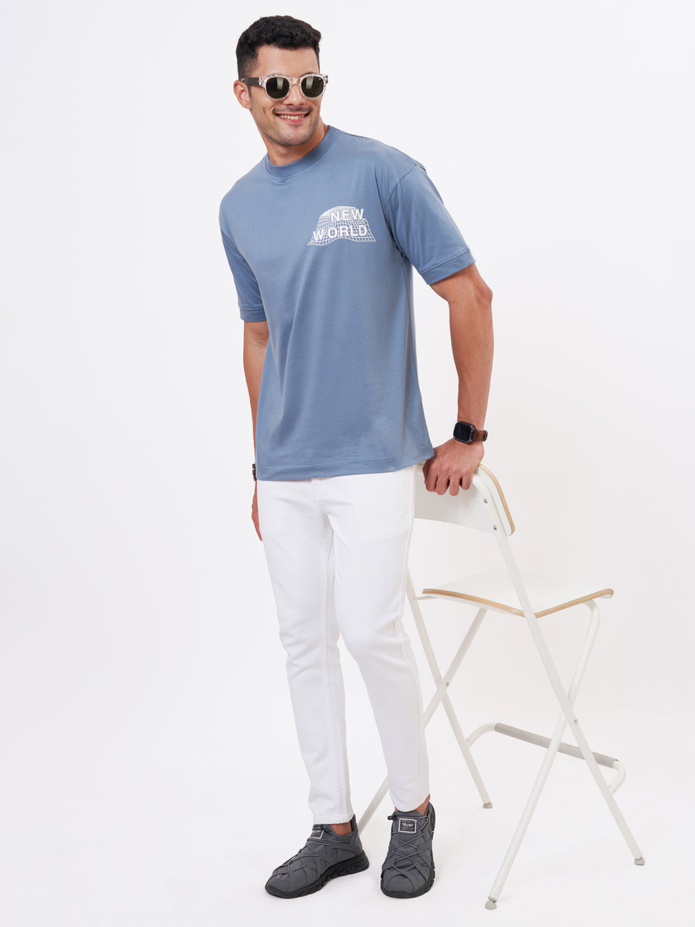 Buy Steel Blue Printed Oversized Tshirt| Zu Clothing